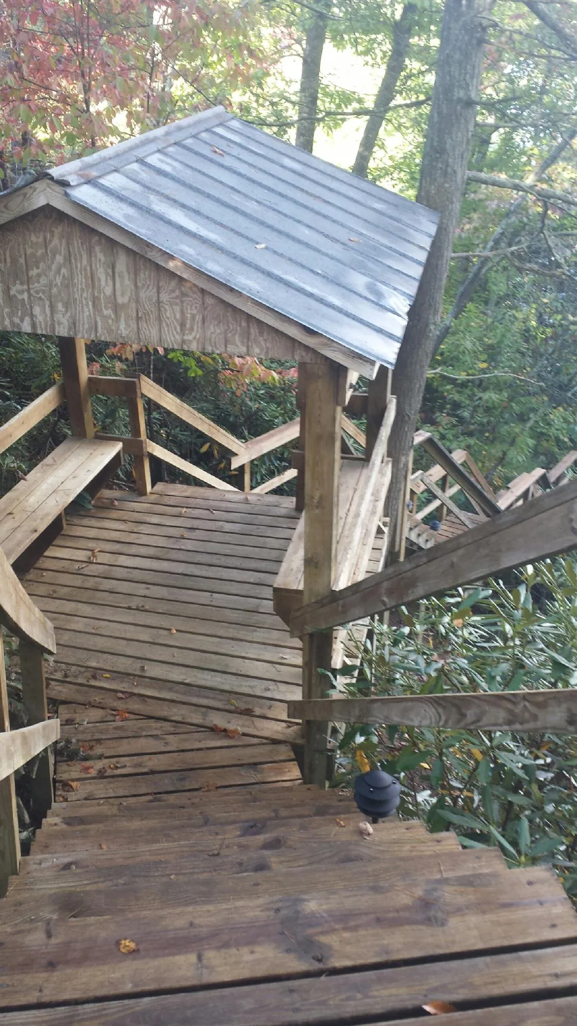 Metal roofed shelter over wooden steps on a wooded walkway — Skylight Repair & Installation work by our crew in Pine Valley